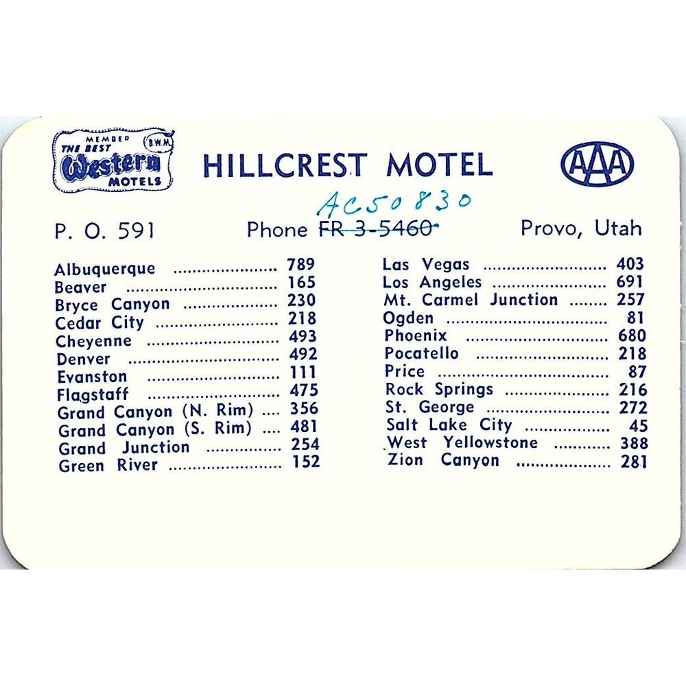 1950s Hillcrest Motel Business Card Provo Utah AF9-S5 - Picture 2 of 2